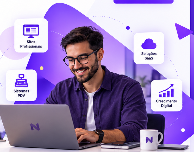 Profissional trabalhando em um notebook com soluções digitais da Novexa